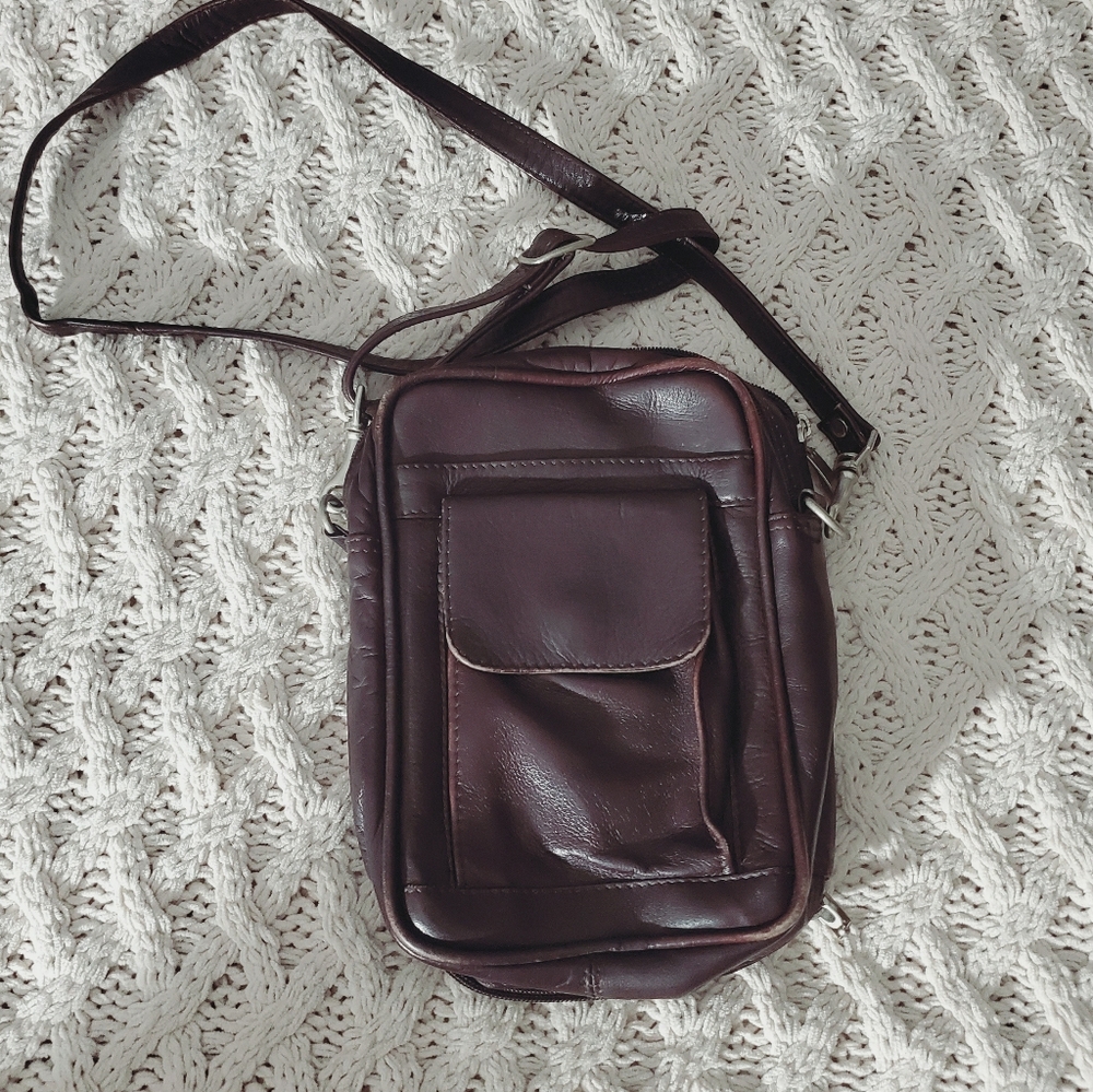 Vintage 80s Cherrywood Brown Leather Crossbody Cardholder Wallet Travel Bag